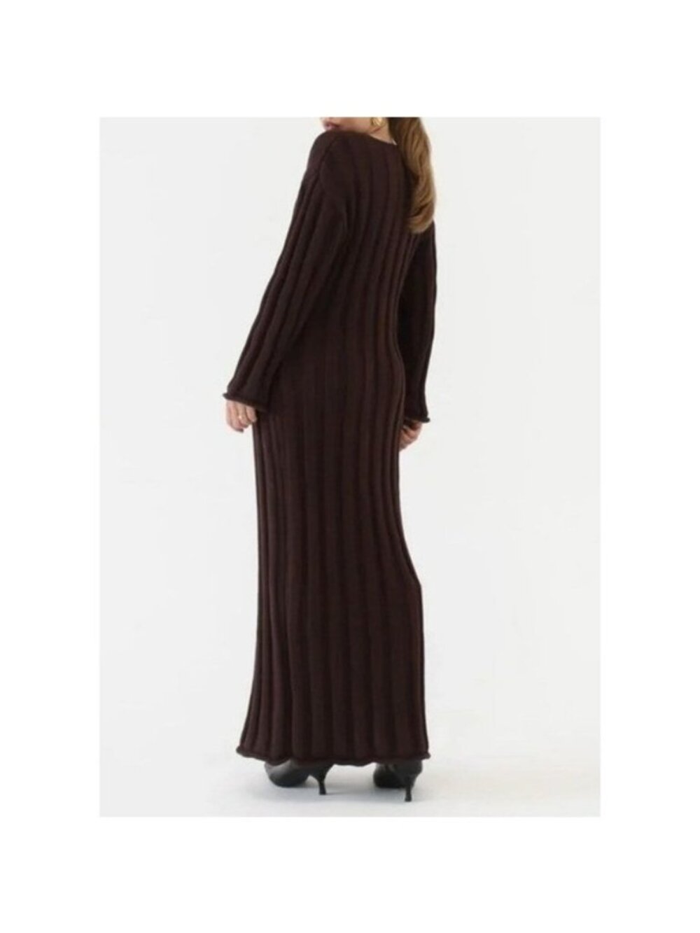 Rumored Brown Ribbed Knit Maxi Dress Lg Winter Luxe Minimalist Quiet Luxury NWT - Picture 5 of 6